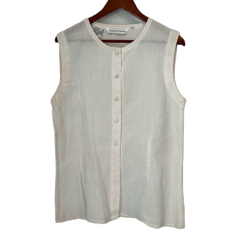 Carlie's Court Blouse Women 16 Pale Pink Linen Vintage Cutwork Fitted Sleeveless